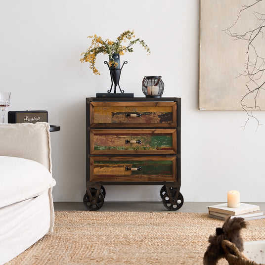 Distressed Industrial Side Table with Cast Iron Wheels