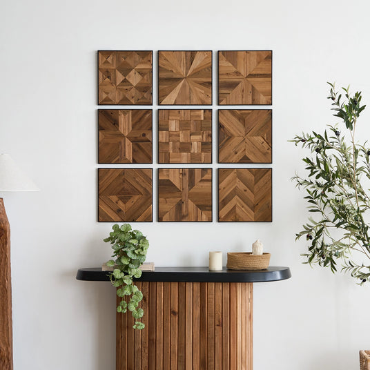 Reclaimed Wood Parquet Wall Accent, Set of 9
