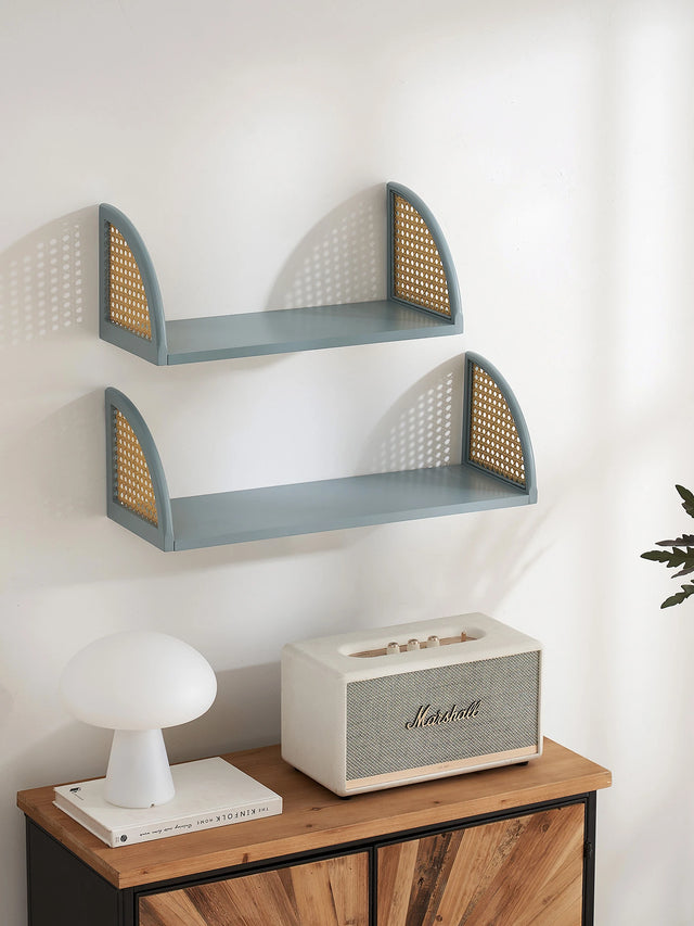 Wall Shelf with Rattan and Wood, Set of 2