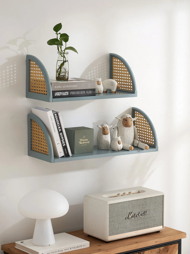 Wall Shelf with Rattan and Wood, Set of 2