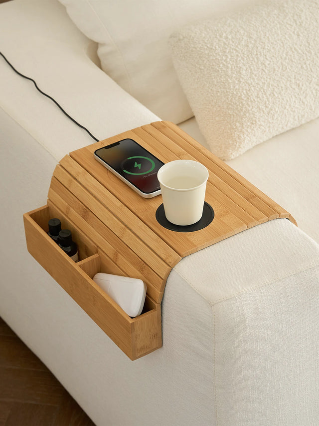 Bamboo Sofa Armrest Tray with Wireless Charging and Non-Slip Coaster