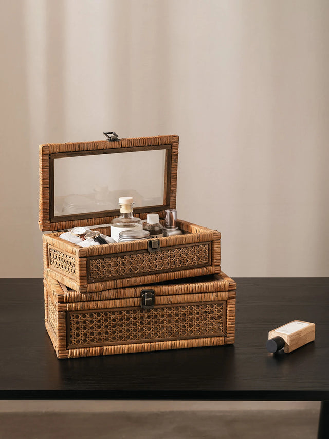 Rattan Organizer Box with Glass Cover