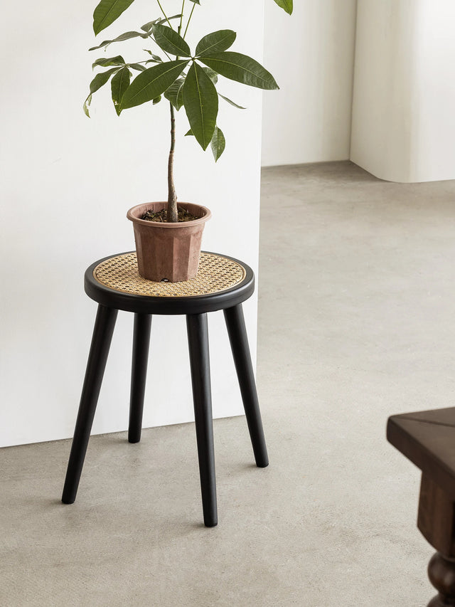 Natural Rattan Top Wood Stool, Round