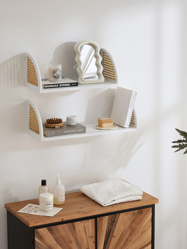 Wall Shelf with Rattan and Wood, Set of 2