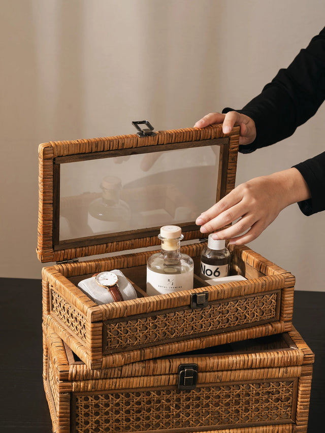 Rattan Organizer Box with Glass Cover