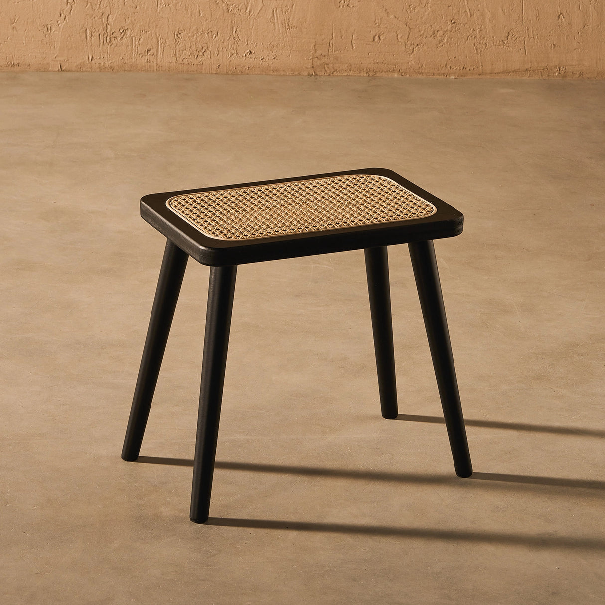 Natural Rattan Top Wood Stool, Rectangular