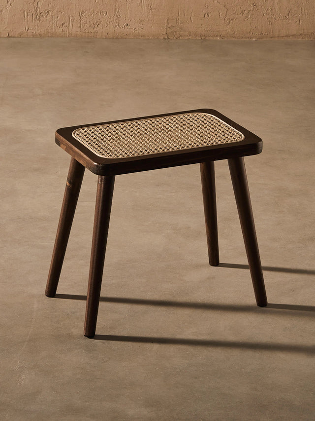 Natural Rattan Top Wood Stool, Rectangular