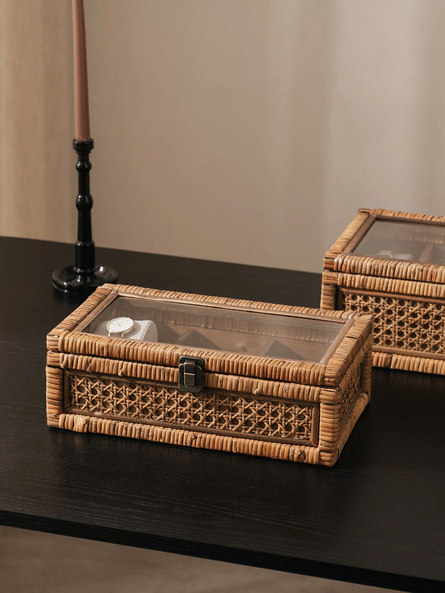 Rattan Organizer Box with Glass Cover