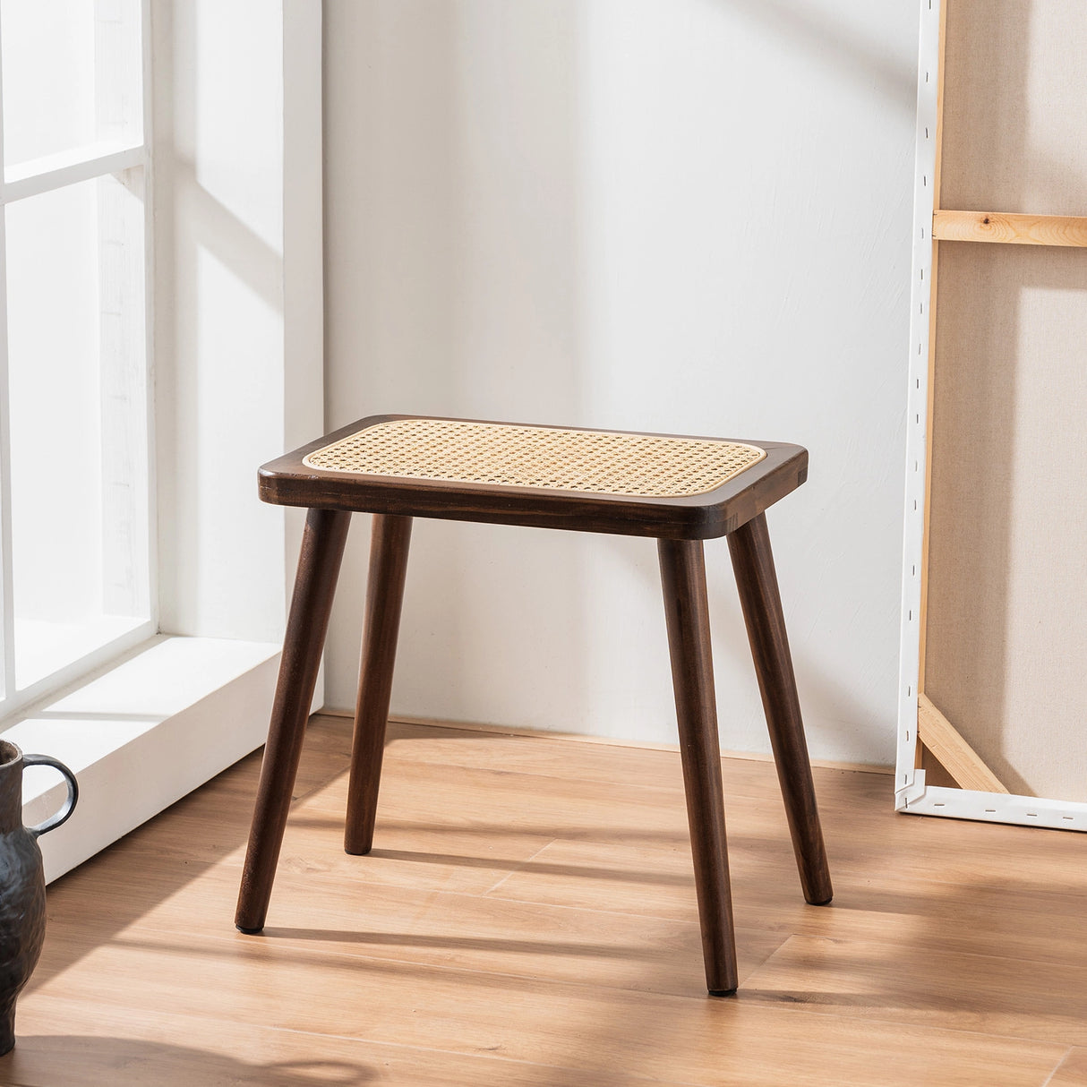 Natural Rattan Top Wood Stool, Rectangular