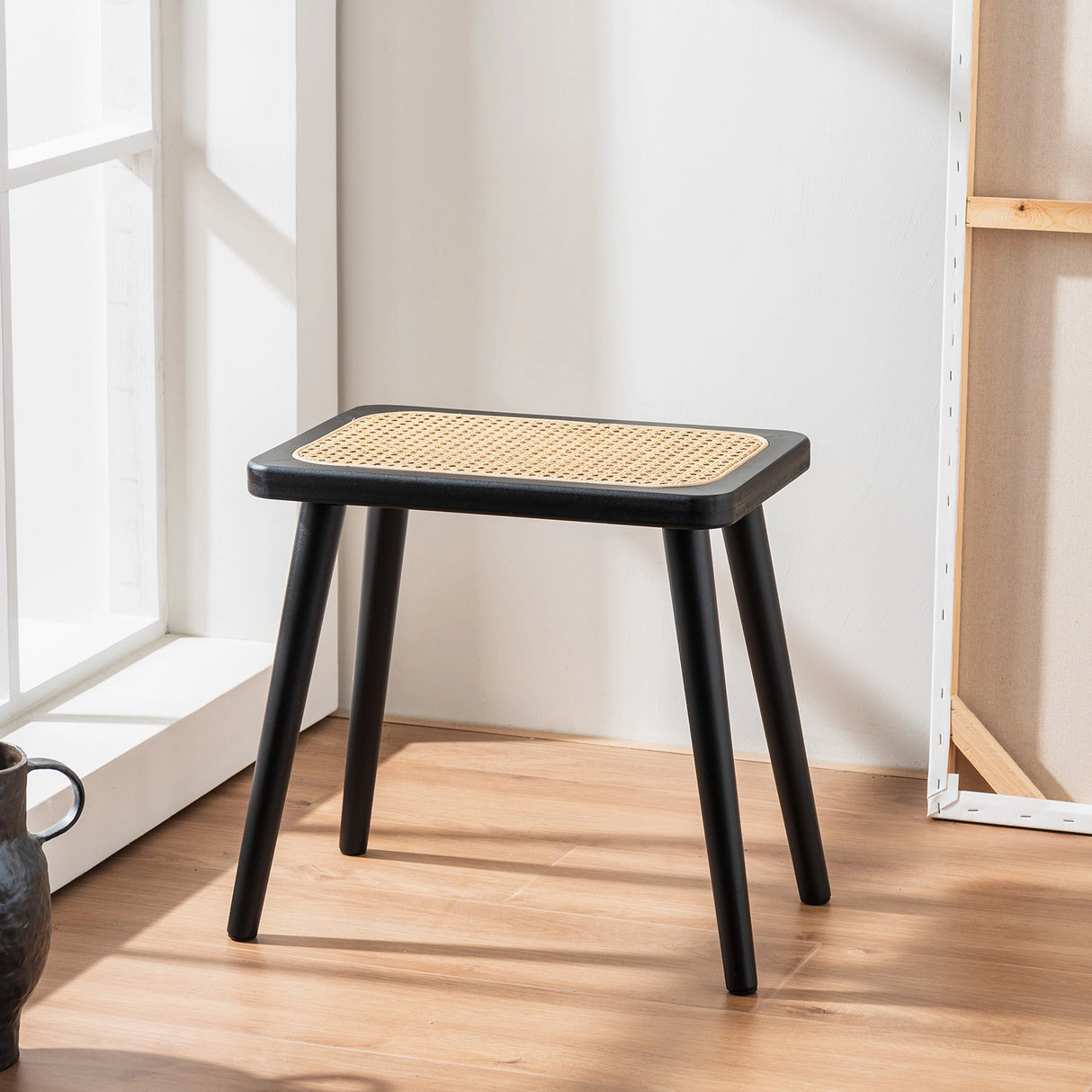 Natural Rattan Top Wood Stool, Rectangular