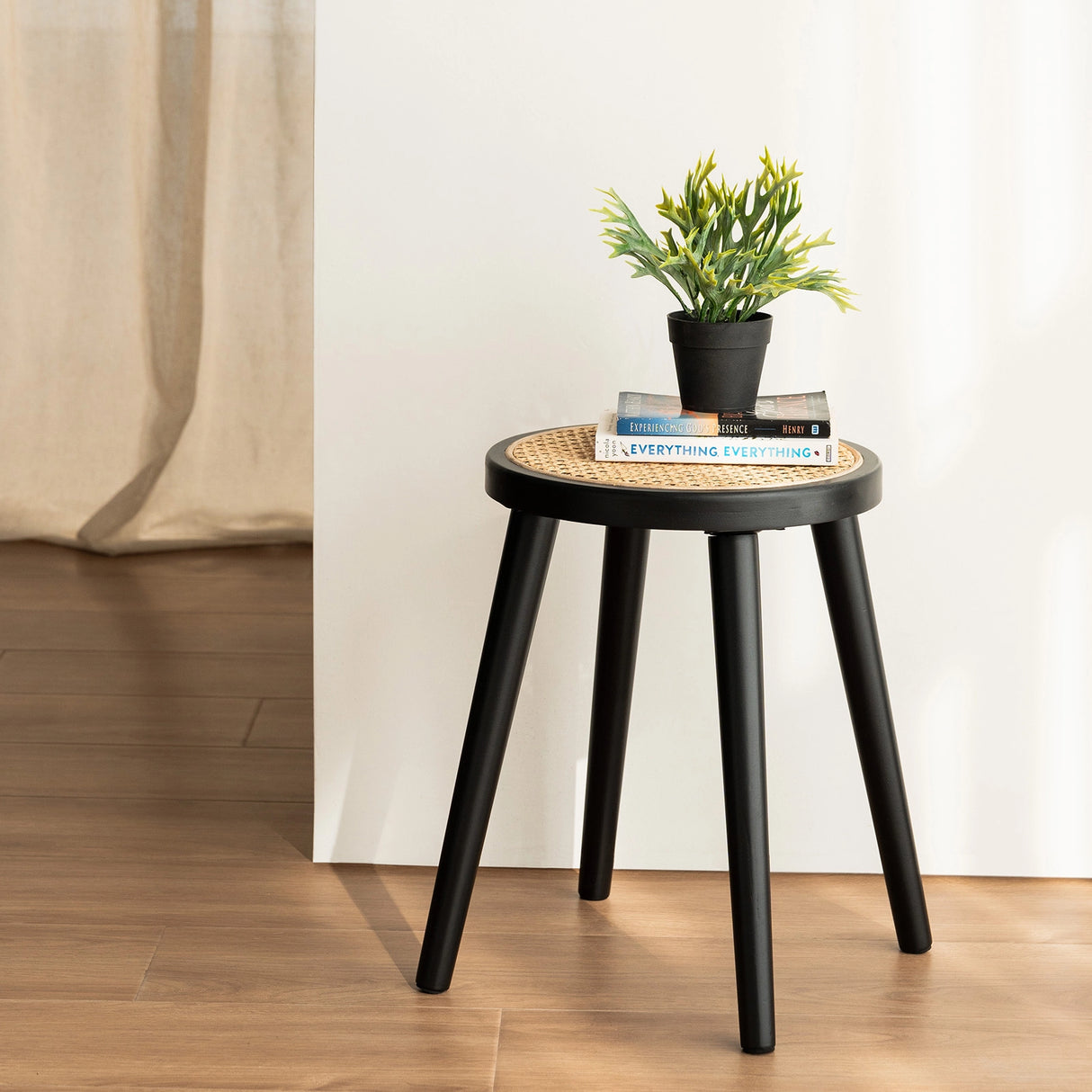 Natural Rattan Top Wood Stool, Round