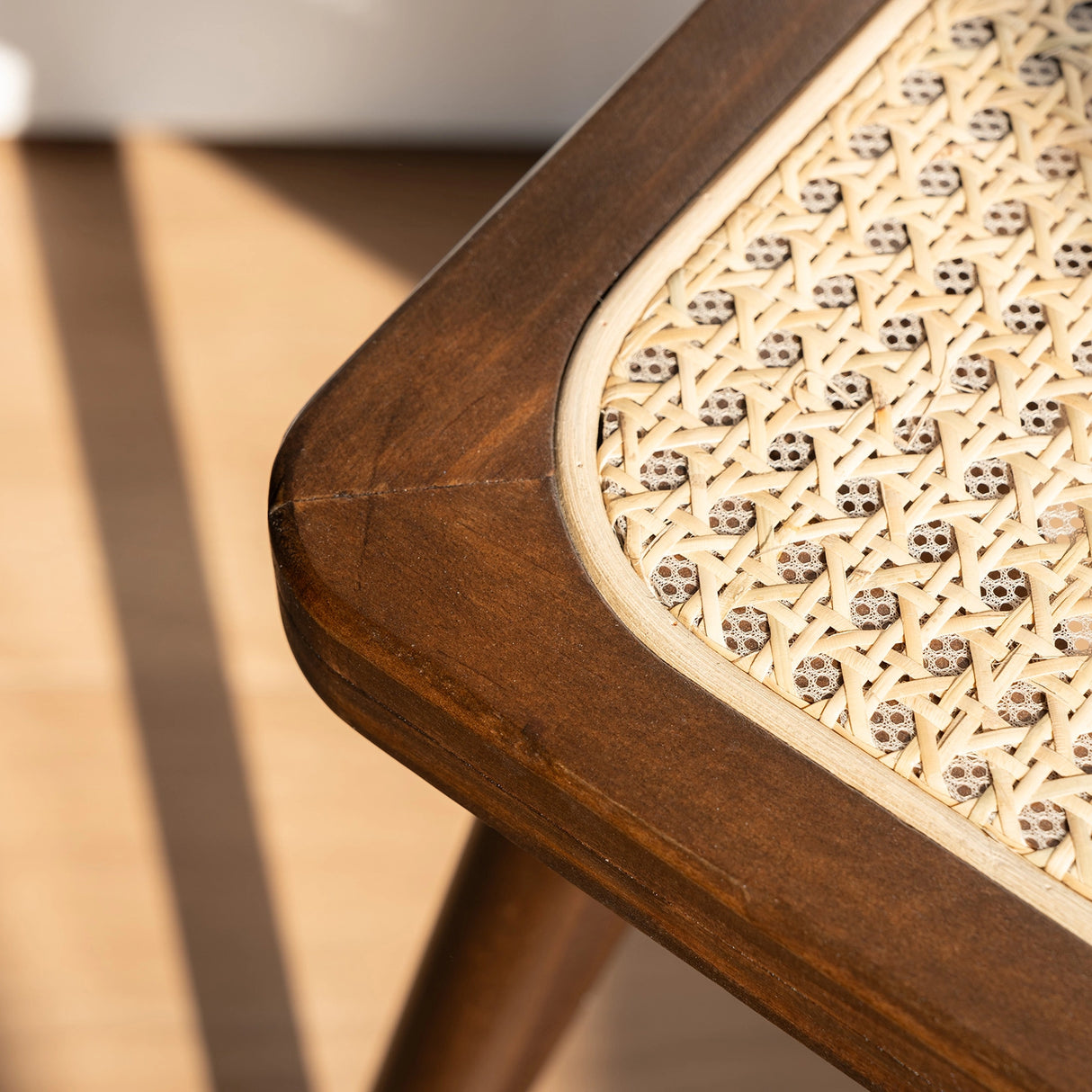 Natural Rattan Top Wood Stool, Rectangular