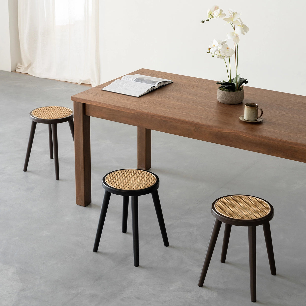 Natural Rattan Top Wood Stool, Round