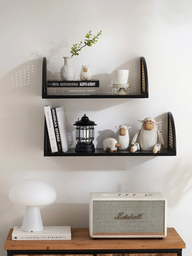 Wall Shelf with Rattan and Wood, Set of 2