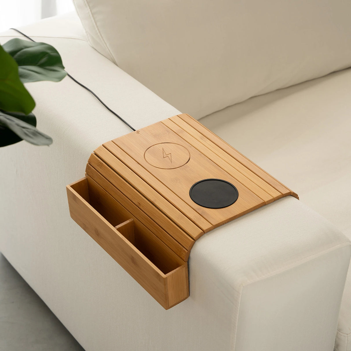 Bamboo Sofa Armrest Tray with Wireless Charging and Non-Slip Coaster
