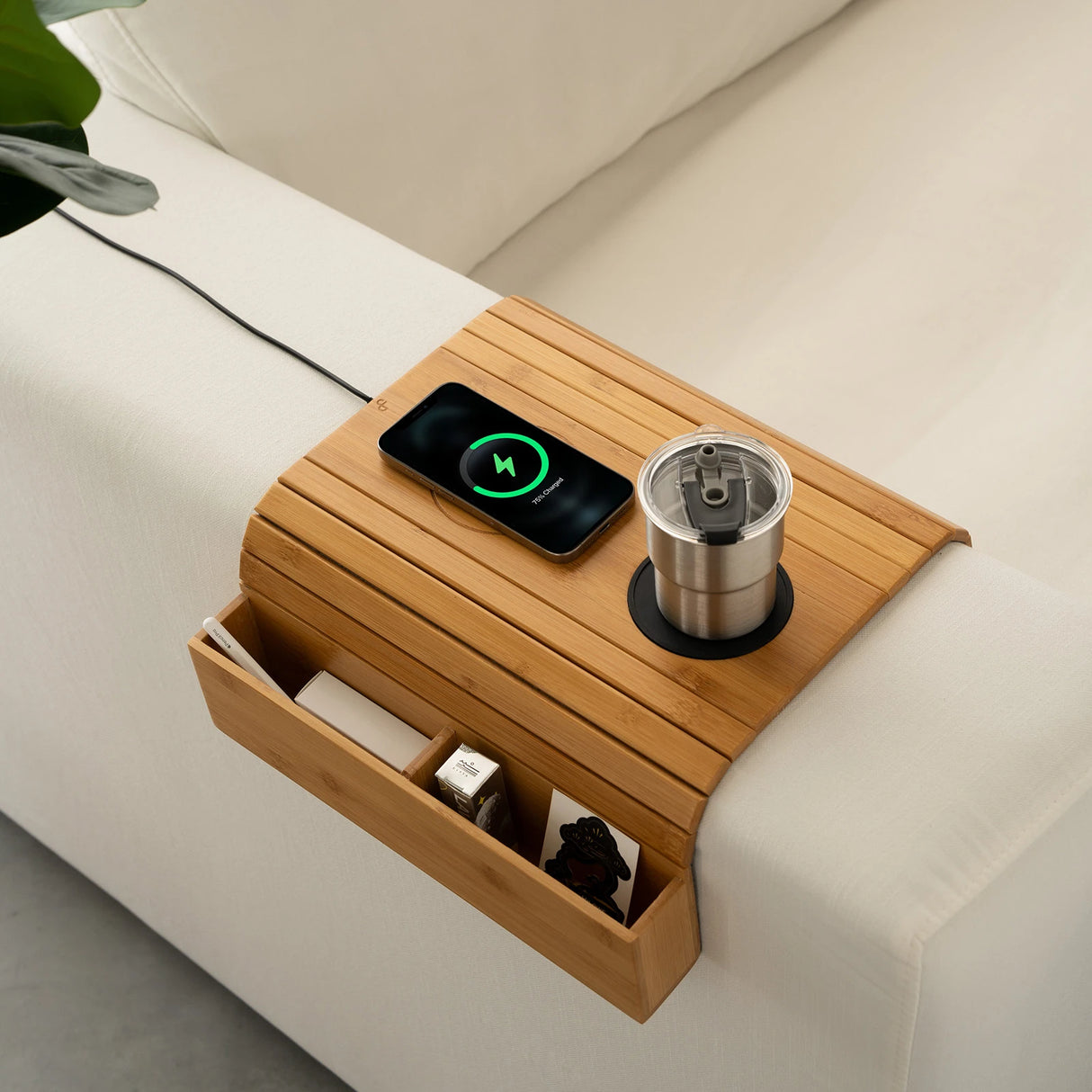 Bamboo Sofa Armrest Tray with Wireless Charging and Non-Slip Coaster