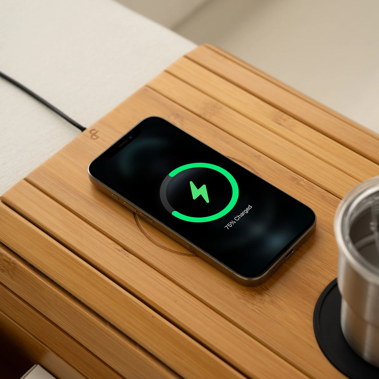 Bamboo Sofa Armrest Tray with Wireless Charging and Non-Slip Coaster