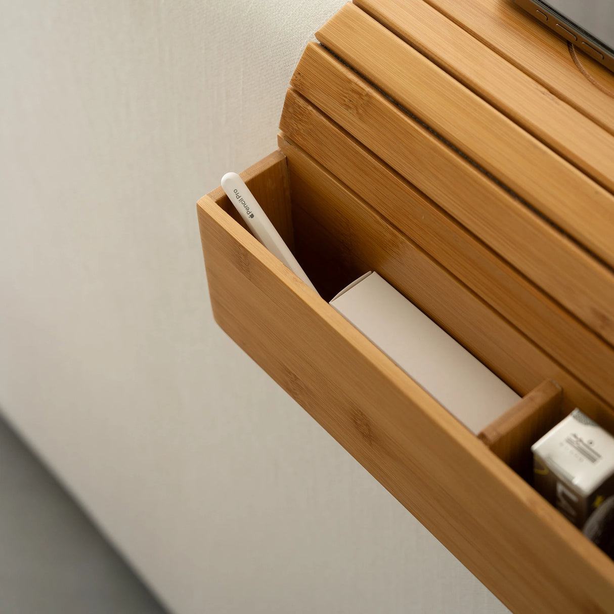 Bamboo Sofa Armrest Tray with Wireless Charging and Non-Slip Coaster