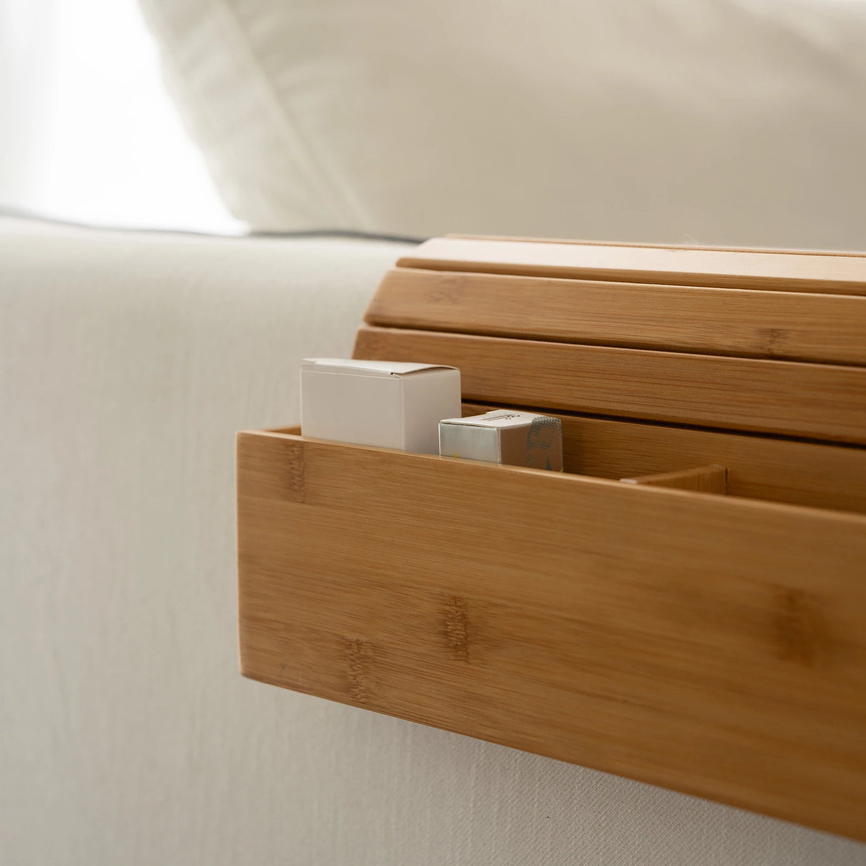 Bamboo Sofa Armrest Tray with Wireless Charging and Non-Slip Coaster