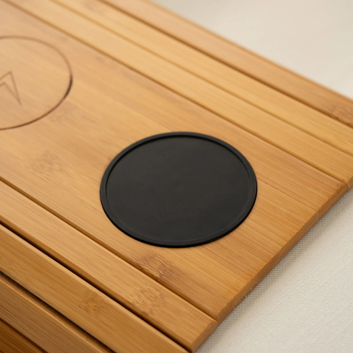 Bamboo Sofa Armrest Tray with Wireless Charging and Non-Slip Coaster