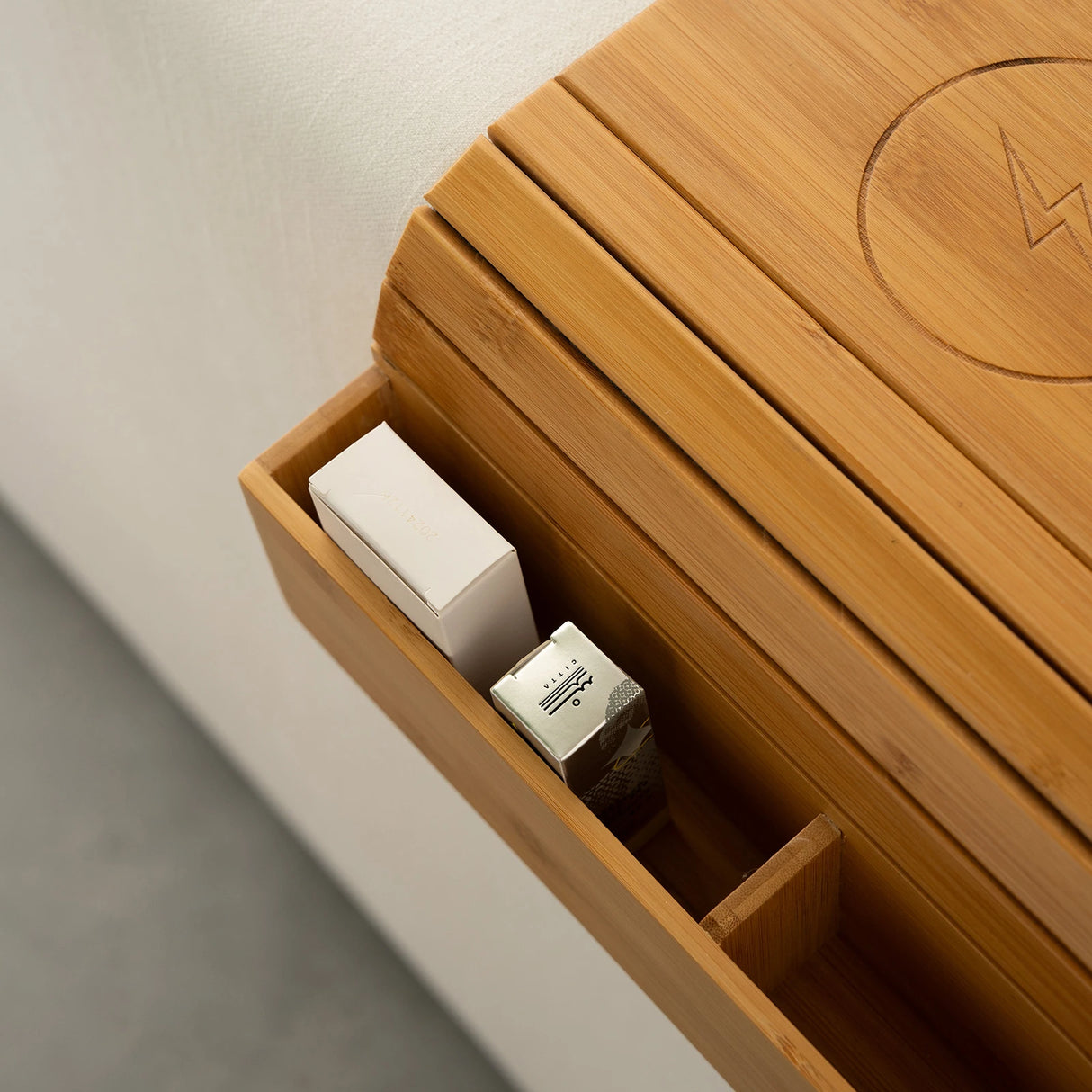 Bamboo Sofa Armrest Tray with Wireless Charging and Non-Slip Coaster