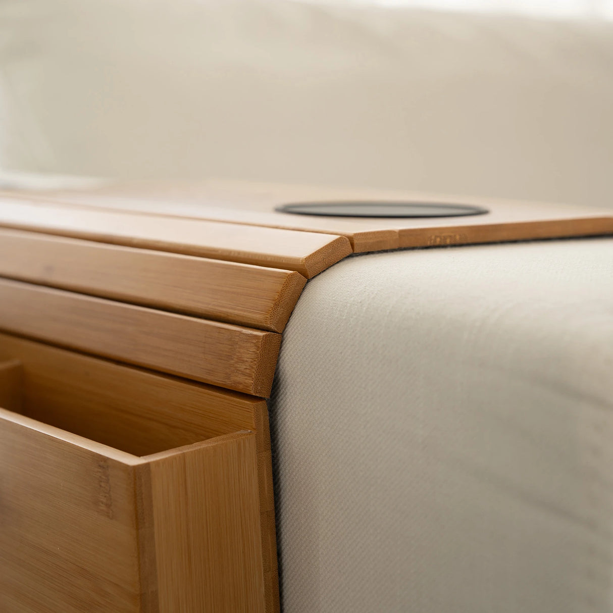 Bamboo Sofa Armrest Tray with Wireless Charging and Non-Slip Coaster