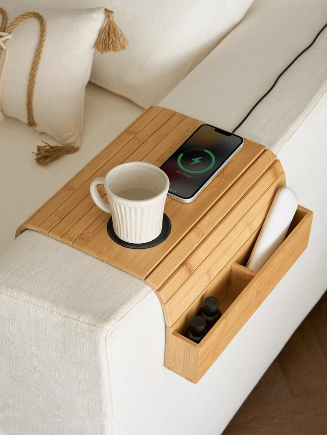 Bamboo Sofa Armrest Tray with Wireless Charging and Non-Slip Coaster