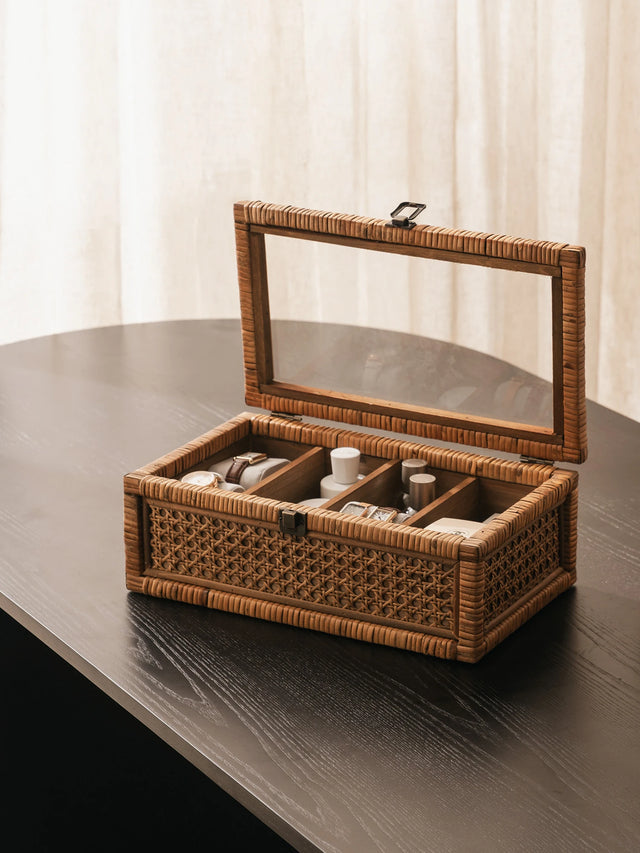 Rattan Organizer Box with Glass Cover