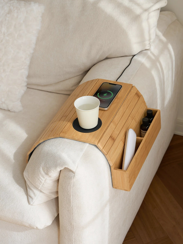 Bamboo Sofa Armrest Tray with Wireless Charging and Non-Slip Coaster