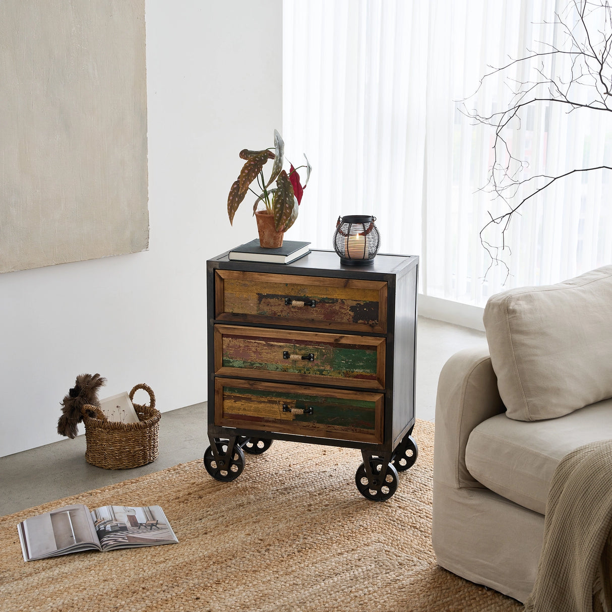 Distressed Industrial Side Table with Cast Iron Wheels