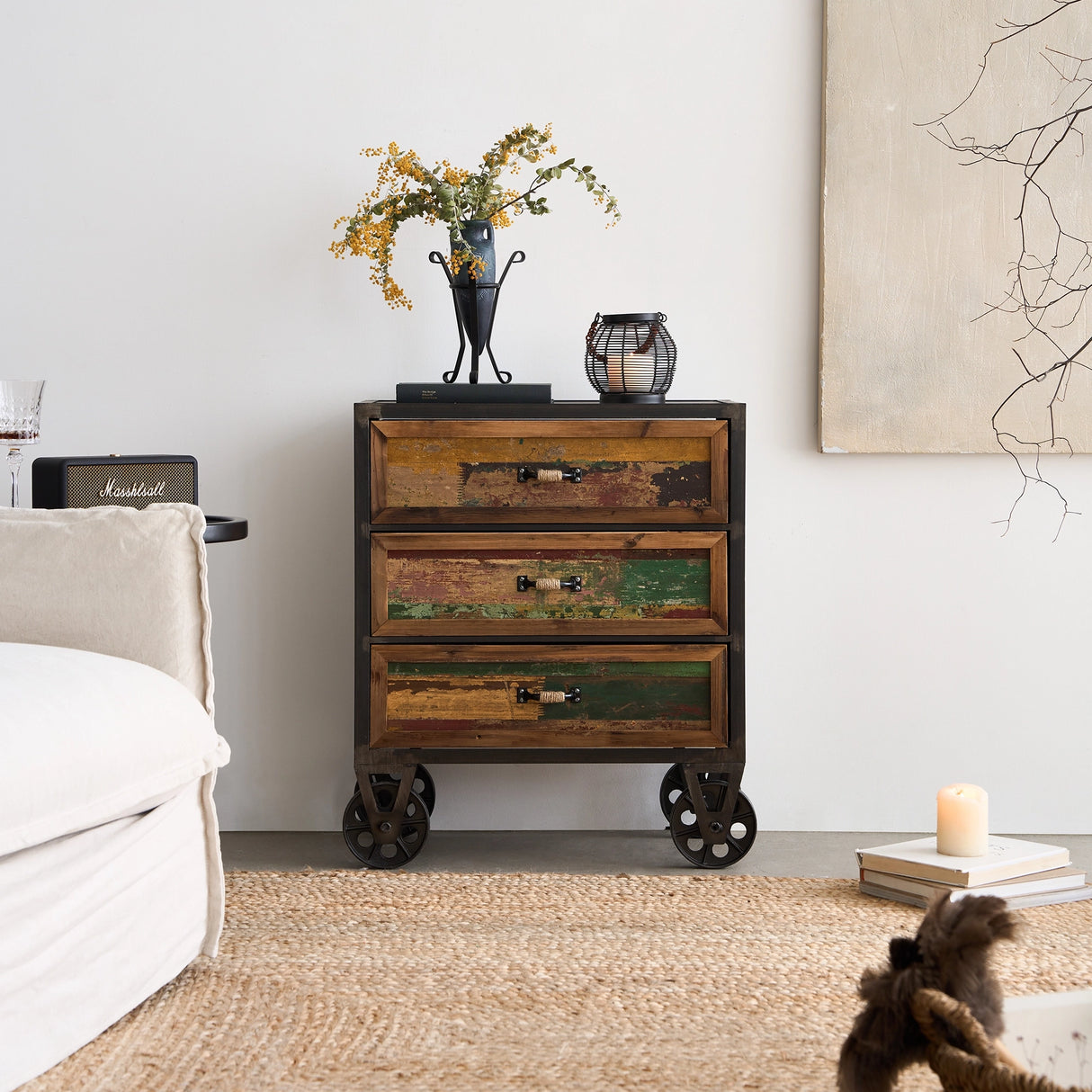 Distressed Industrial Side Table with Cast Iron Wheels