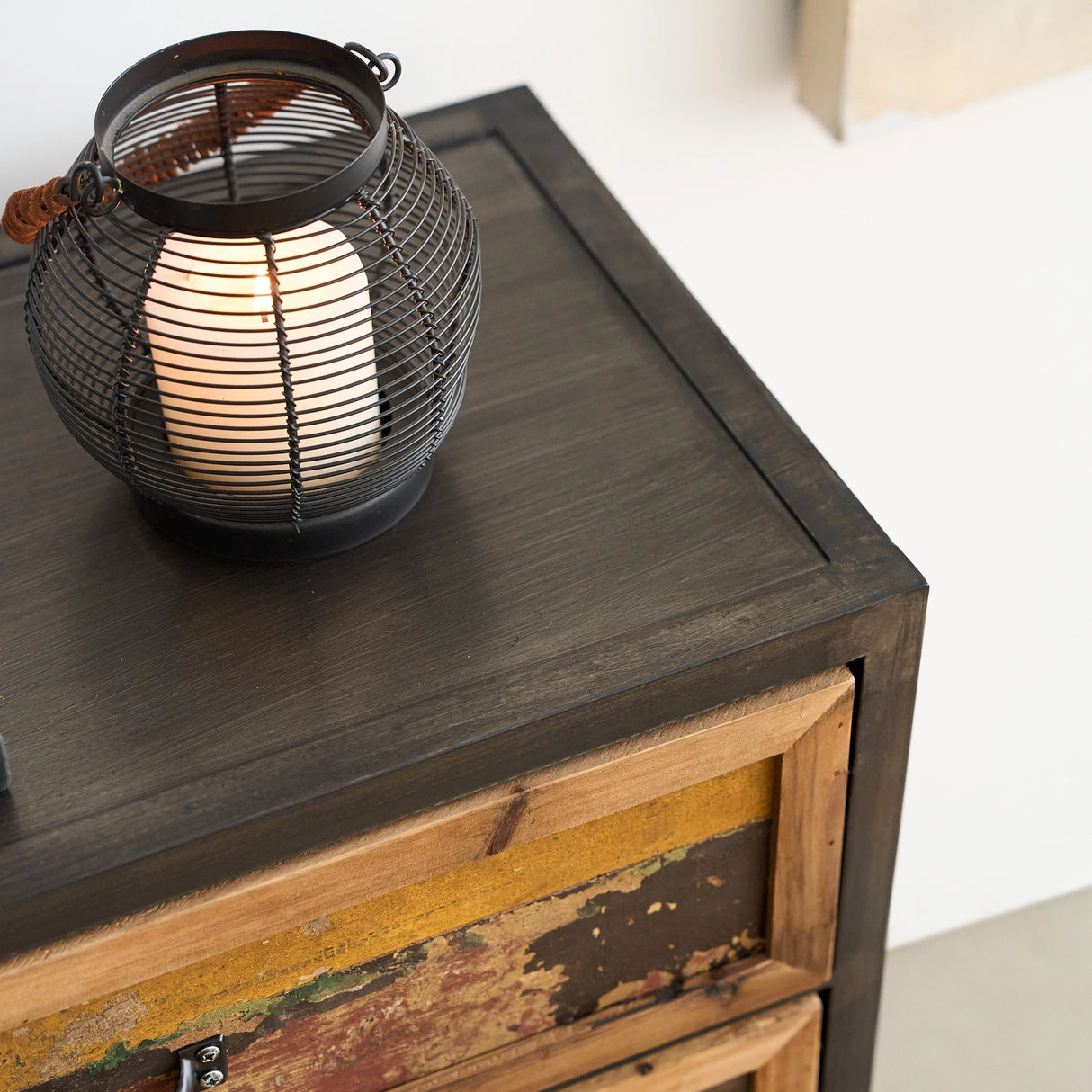 Distressed Industrial Side Table with Cast Iron Wheels