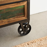 Distressed Industrial Side Table with Cast Iron Wheels
