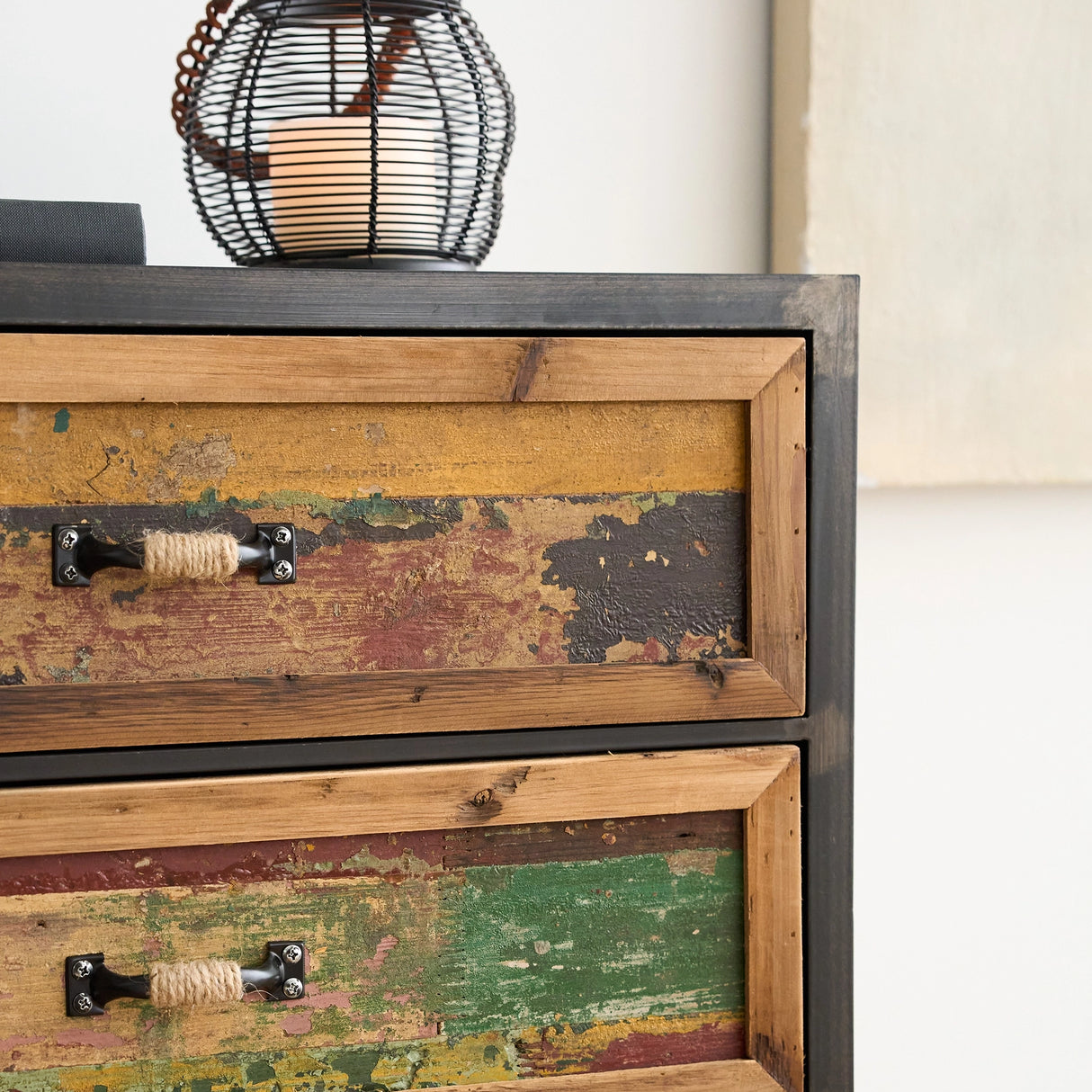 Distressed Industrial Side Table with Cast Iron Wheels