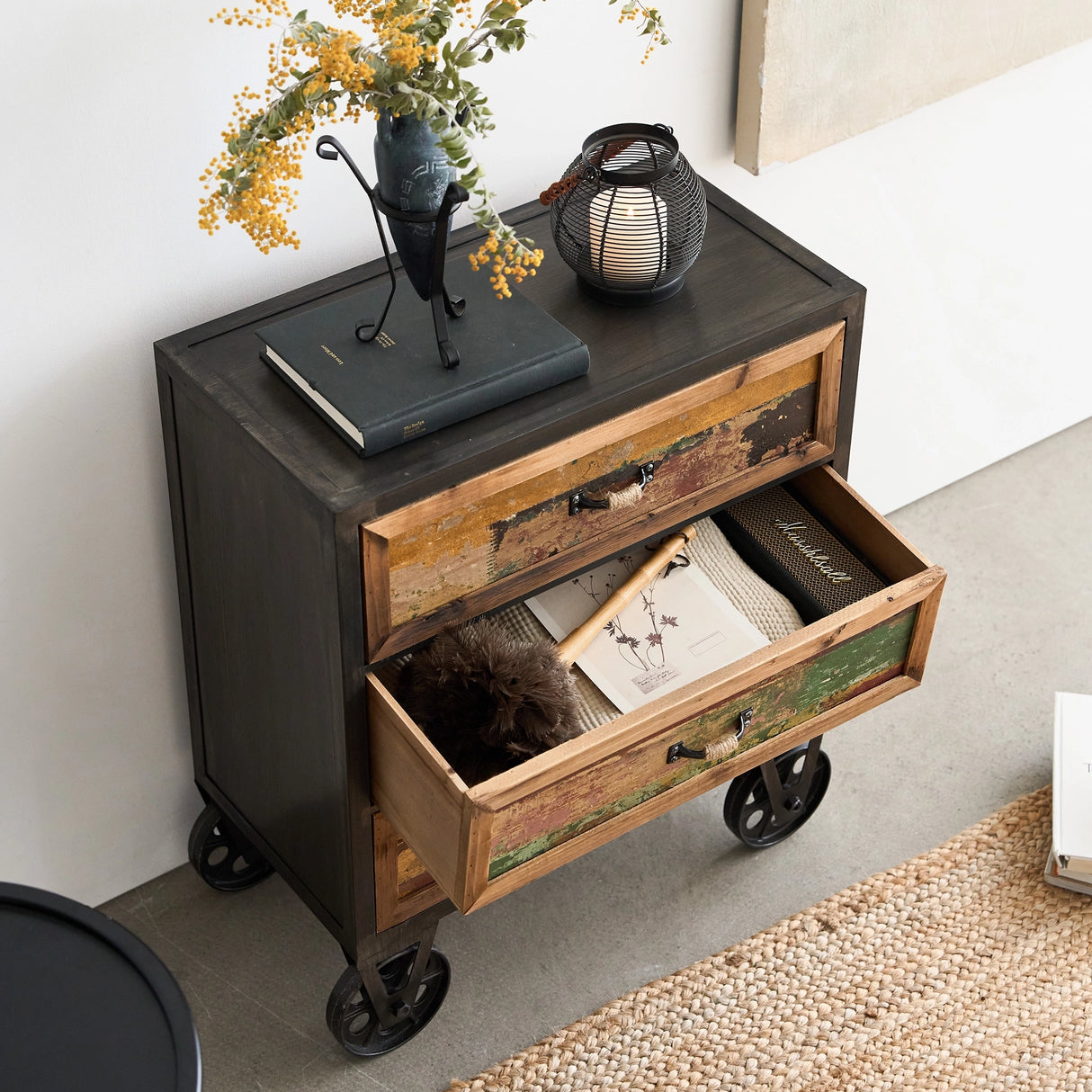 Distressed Industrial Side Table with Cast Iron Wheels