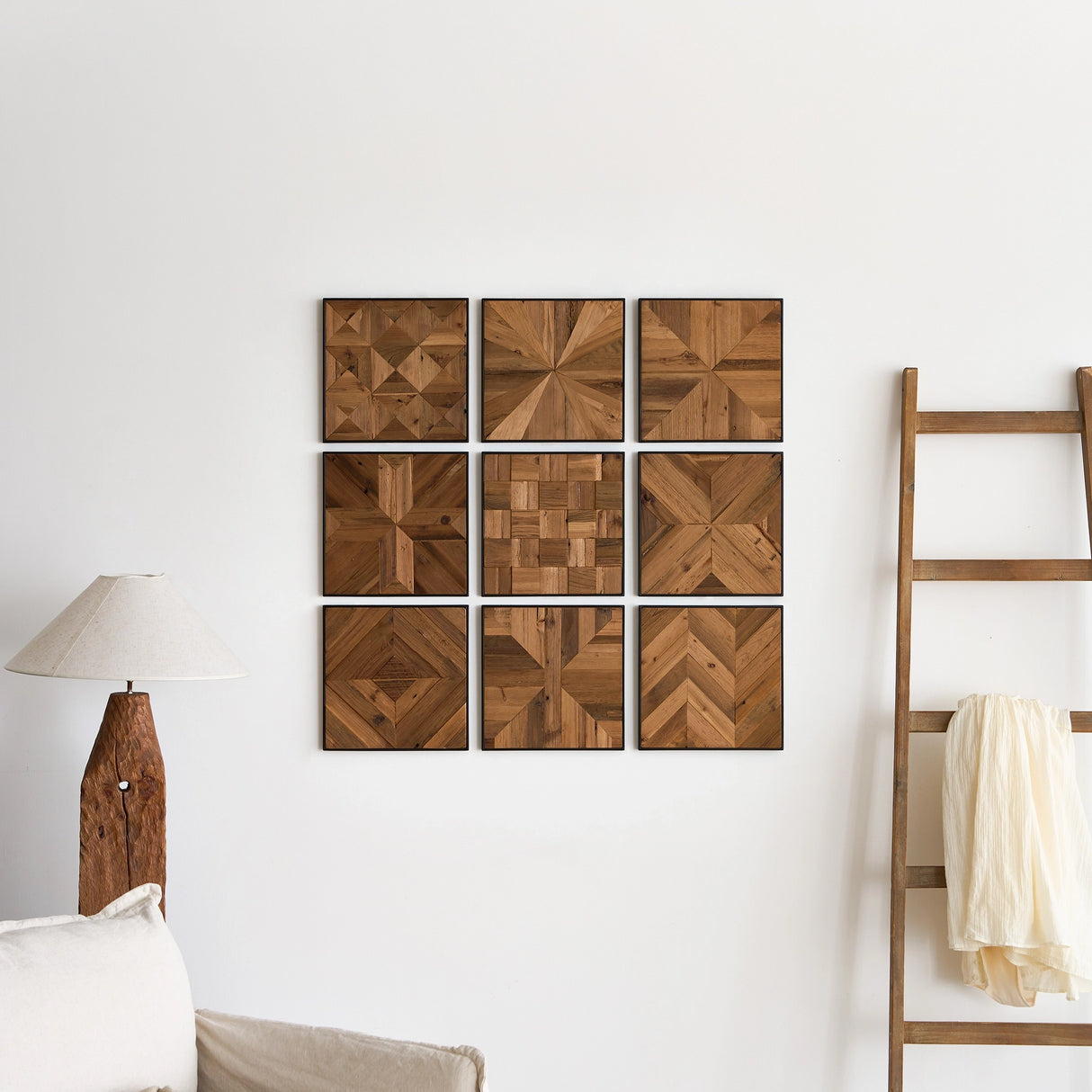 Reclaimed Wood Parquet Wall Accent, Set of 9