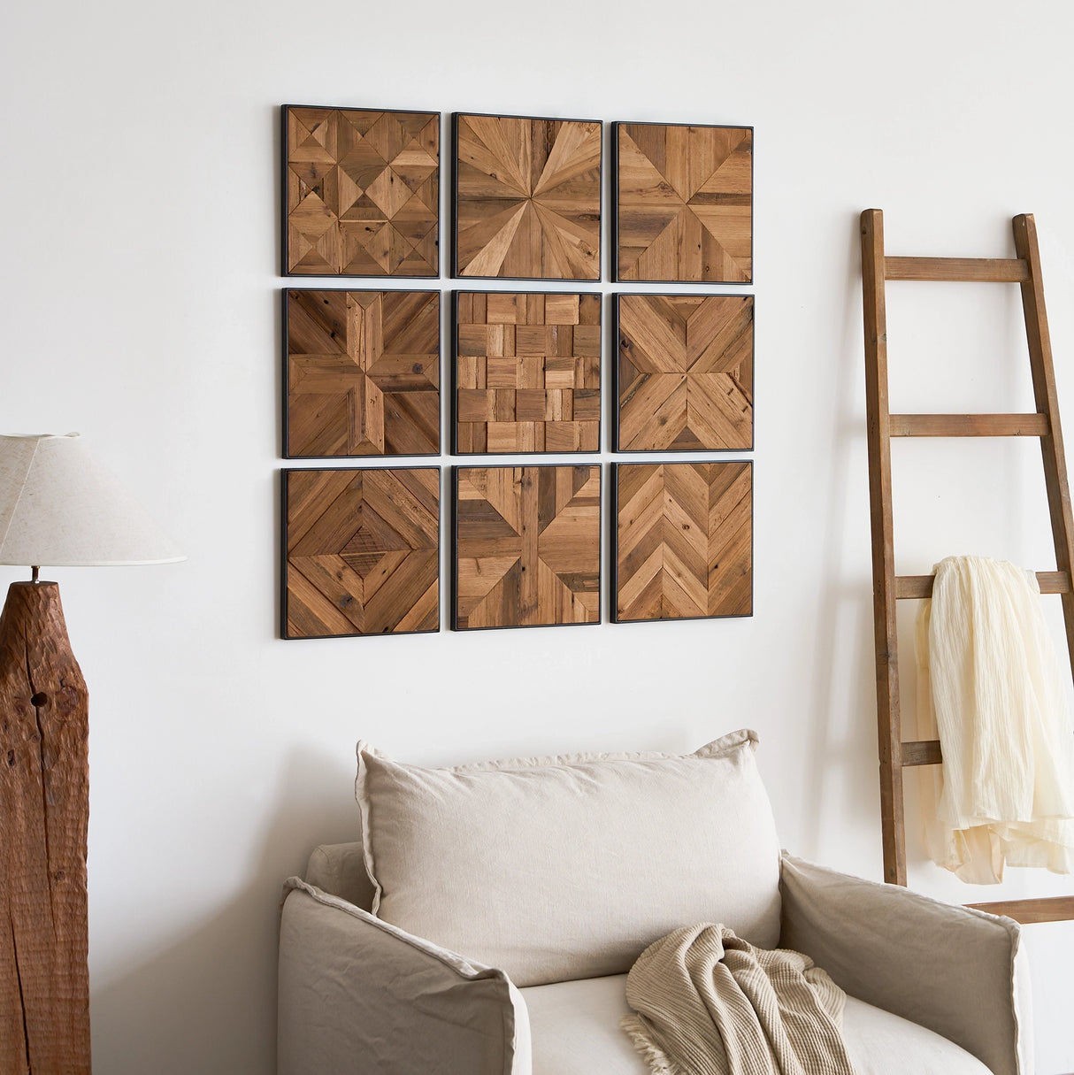 Reclaimed Wood Parquet Wall Accent, Set of 9