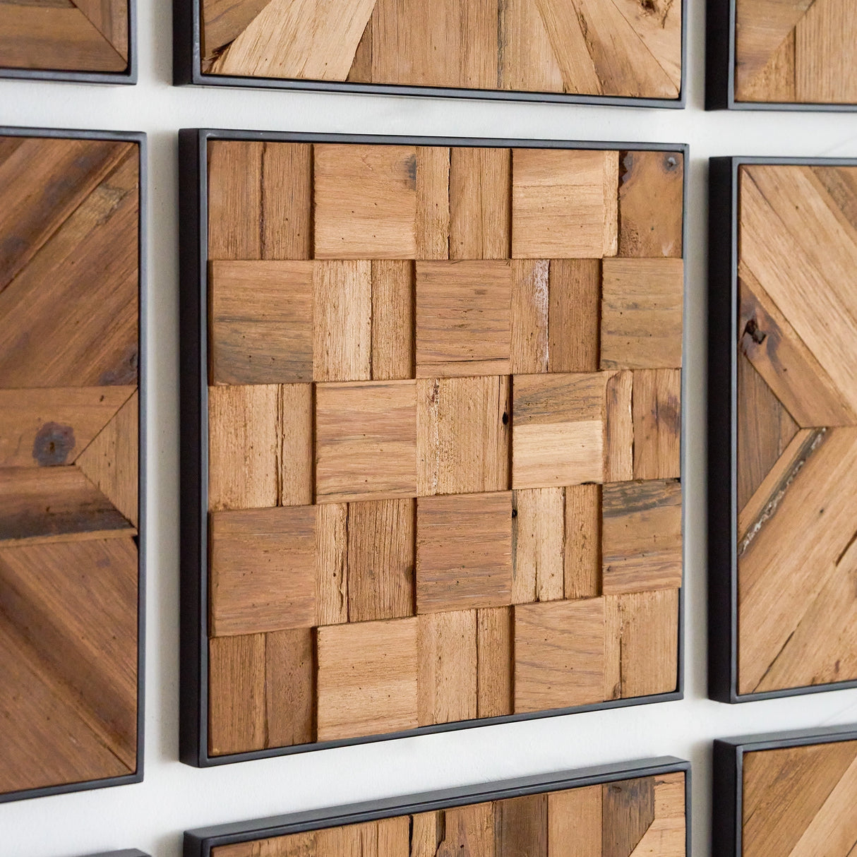 Reclaimed Wood Parquet Wall Accent, Set of 9