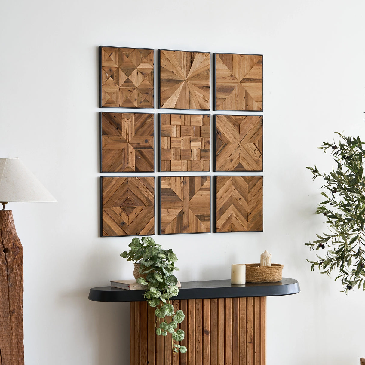 Reclaimed Wood Parquet Wall Accent, Set of 9