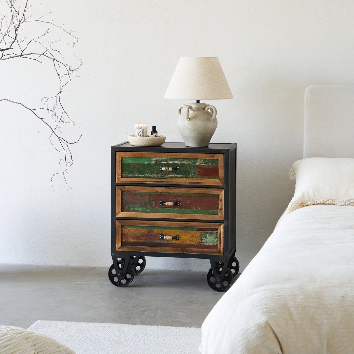 Distressed Industrial Side Table with Cast Iron Wheels