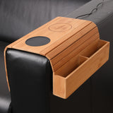 Bamboo Sofa Armrest Tray with Wireless Charging and Non-Slip Coaster