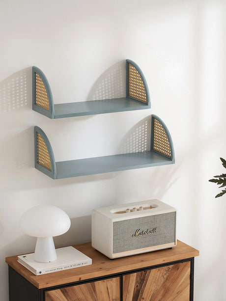 Wall Shelf with Rattan and Wood, Set of 2