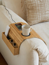 Bamboo Sofa Armrest Tray with Wireless Charging and Non-Slip Coaster