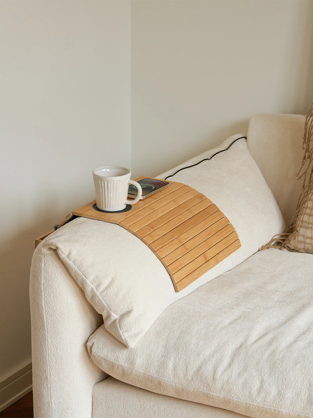 Bamboo Sofa Armrest Tray with Wireless Charging and Non-Slip Coaster