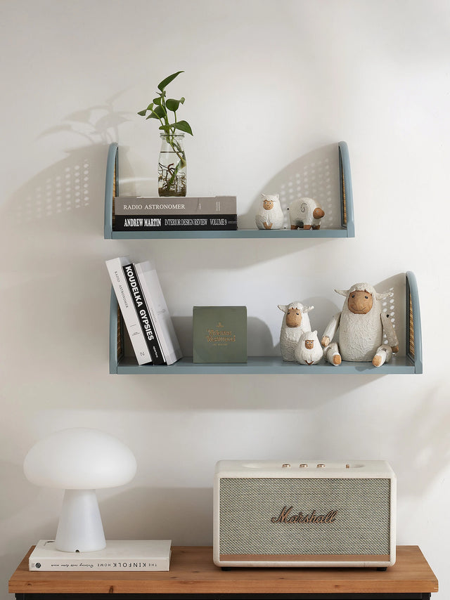 Wall Shelf with Rattan and Wood, Set of 2