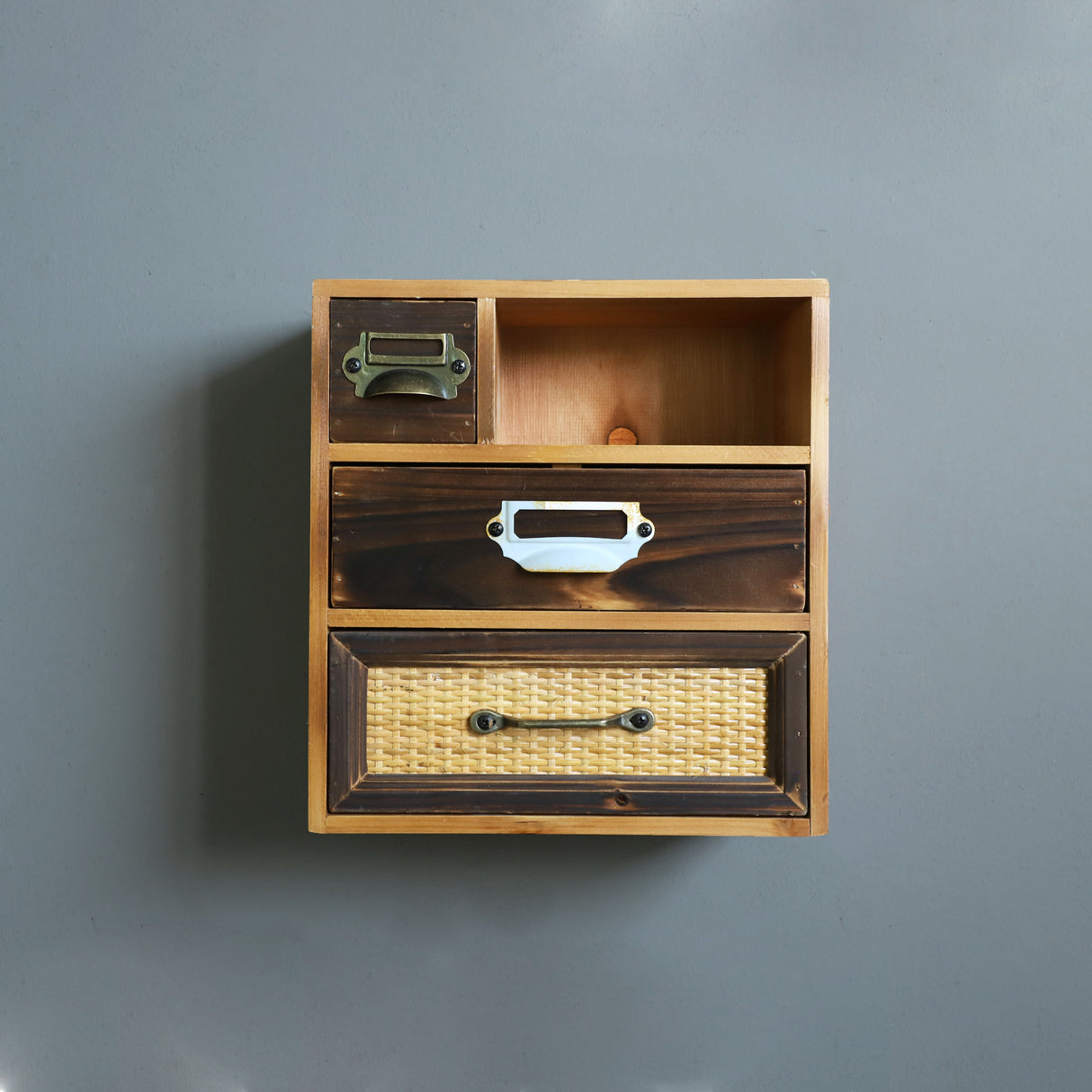 Rustic Desktop or Wall Mount Organizer Box with Rattan Panel and Metal Handle