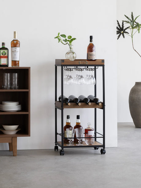 Wine and Liquor Cart with Glass Hangers and Working Tabletop