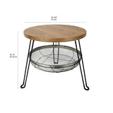 Round Side Table with Wood Tabletop and Metal Mesh Basket