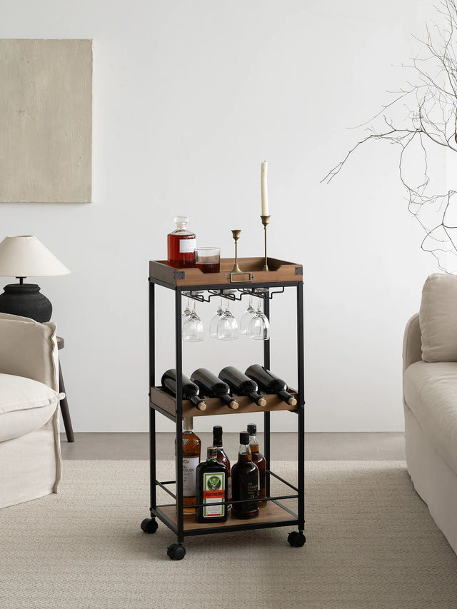 Wine and Liquor Cart with Glass Hangers and Working Tabletop