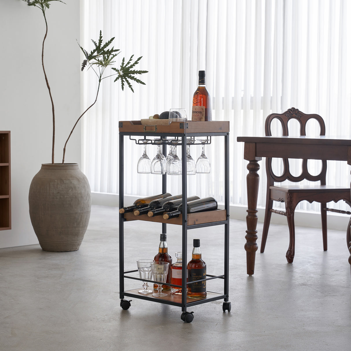 Wine and Liquor Cart with Glass Hangers and Working Tabletop